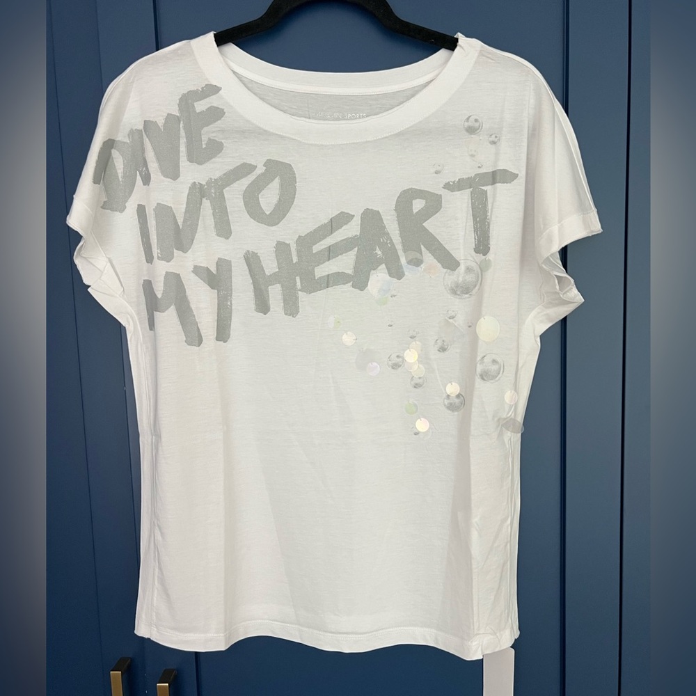 Marc Cain White Graphic Tee with Silver Text and sequins. Size 6